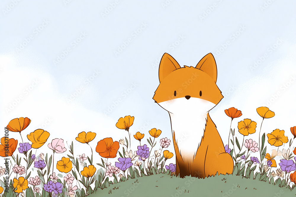 Naklejka premium A cute, cartoon fox sitting in a field of colorful flowers against a bright sky. Illustration embodies innocence, wonder, suitable for childrens content and nature themed projects.