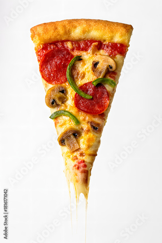 Slice of Pizza: An appetizing close-up of a single pizza slice, showcasing a symphony of flavors and textures with bubbling cheese, savory pepperoni, mushrooms, and vibrant green peppers.
