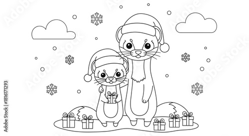 Adorable cartoon weasel characters in festive Santa hats celebrating winter holidays with presents