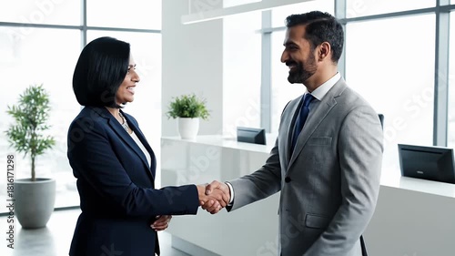 Diverse business professionals shake hands in a bright modern office celebrating successful partnership agreement and collaboration in a corporate environment