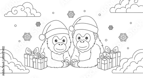 Cute Monkeys Celebrating Winter Holidays with Presents and Christmas Hats