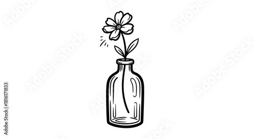 A simple flower in a bottle illustration conveys tranquility and beauty in minimalism