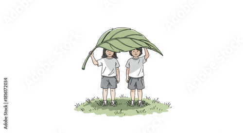 Children embracing nature with a leaf umbrella, enjoying playful moments together in the grass