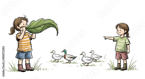 Whimsical children's illustration of a girl playing with a leaf and ducks in nature's embrace