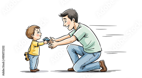 Illustration depicting a father rushing with arms outstretched to receive a toy from his son