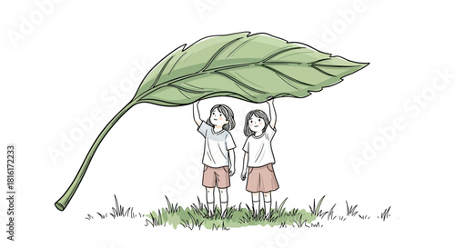 Illustrative portrayal of two youthful figures sheltering beneath an oversized leaf with innocence