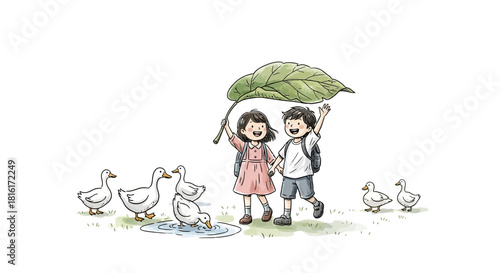 Watercolor depiction of youthful innocence and joy with ducks and a giant leaf umbrella