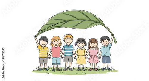Children united under leaf canopy, symbolizing ecological awareness and harmonious coexistence