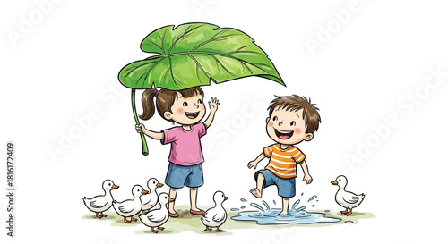 Playful youngsters reveling in a gentle shower, sheltered beneath a vibrant verdant leaf canopy