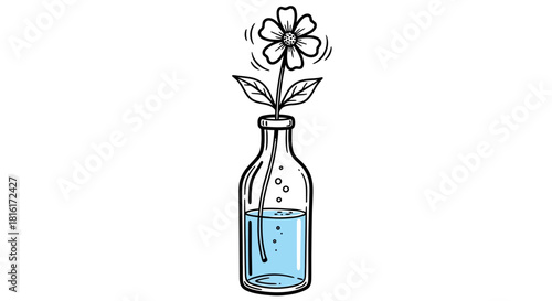 Charming sketch of a flower in a repurposed bottle with water, radiating gentle simplicity and
