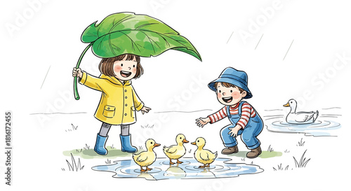 Children joyfully playing with ducklings during a gentle rain shower under a leafy shield