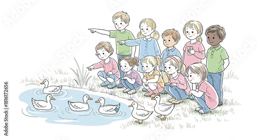 Captivating illustration showcasing playful children observing adorable ducks in a serene pond