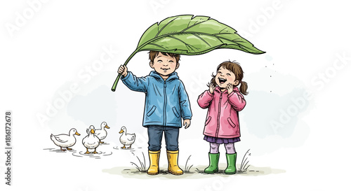 Cheerful children sheltering from light rain under a giant leaf with ducks nearby in artwork