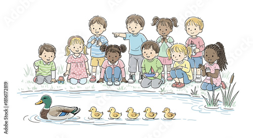 A charming illustration depicts a diverse group of children watching ducks swimming in the water