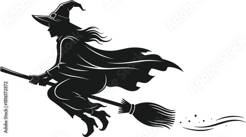 Silhouette of a Flying Witch on a Broomstick with Cape and Hat Graphic Spooky Halloween Holiday Costume Character Vector Illustration Isolated on White Background