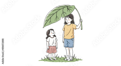 Illustrative depiction of childhood innocence two girls sheltered under a leaf