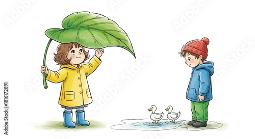 Children's illustration depicting two children, ducks and a puddle after rain and a leaf
