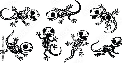 Set of Cute Funny Lizard Reptile Skeleton X-Ray Graphic Bones Halloween Sticker Decoration Black and White Tattoo Vector Illustration Isolated on White