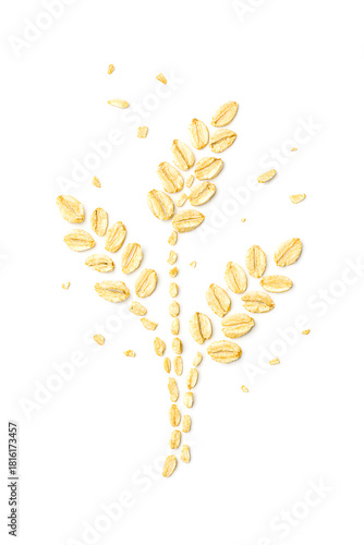 Oatmeal Flour Artwork: A meticulously arranged composition of oatmeal flakes forms an artistic wheat-like shape, creating an aesthetic design, ideal for culinary or healthy living.