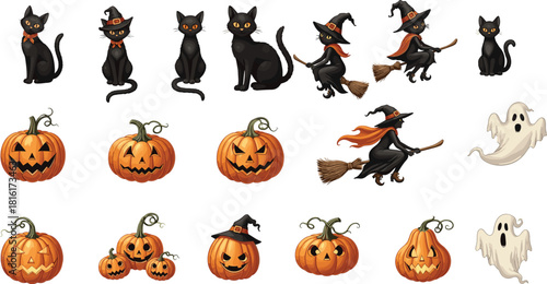 Cute Halloween Collection Set Featuring Black Cats Jack-O'-Lantern Pumpkins Witches Flying on Broomsticks and Funny Ghosts Isolated Holiday Sticker Elements