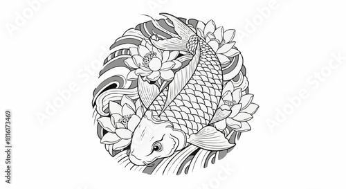 Elegant black and white line art of a Japanese Koi fish.