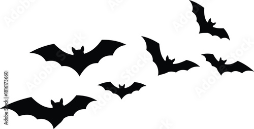 Silhouettes of Flying Black Bats Halloween Decoration Spooky Holiday Theme Creepy Nocturnal Animal Graphic Element Vector Illustration Isolated on White Background