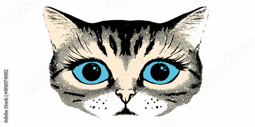 Pop art style cat face with striking blue eyes and halftone effect