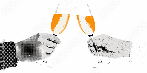 Toasting with champagne flutes in a halftone style illustration
