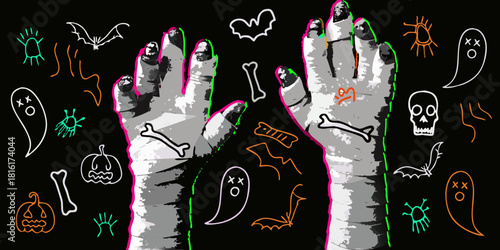 Halloween mummy hands with bats ghosts pumpkins bones and skull on black background