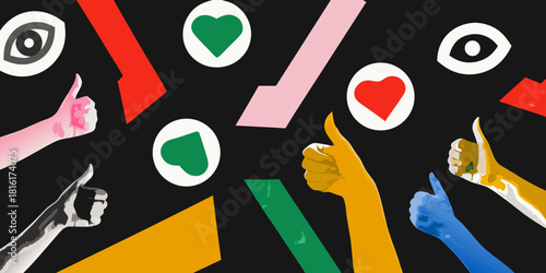 Colorful thumbs up gestures with hearts and eyes on black background