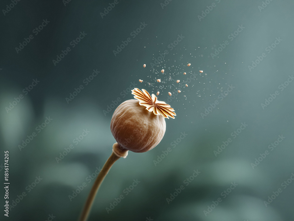Fototapeta premium Poppy seed pod dispersing seeds. Symbol of remembrance, growth, fragility and potential. Dreamy, detailed macro. Nature photography for backgrounds, concepts.