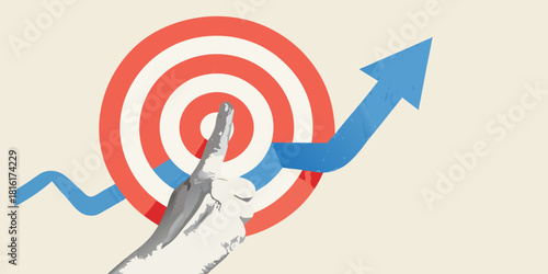 Target success hand pointing to a rising arrow hitting the bullseye