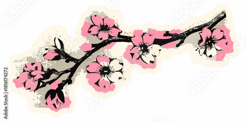 Stylized cherry blossom branch with pink and white flowers illustration