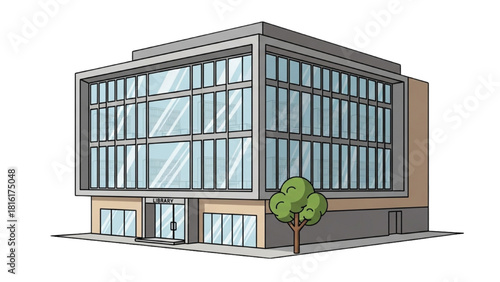 Architectural illustration of a modern corporate business office with a large glass facade