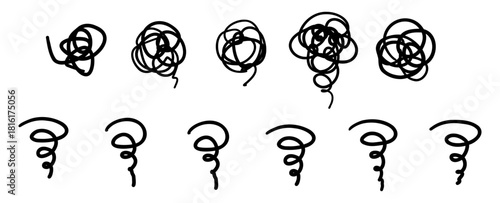 モヤモヤした感情の線画イラストアイコンセット。ぐるぐる、困る、ベクター