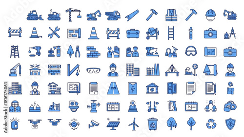 Comprehensive collection of industrial, construction, and engineering icons for modern design projects
