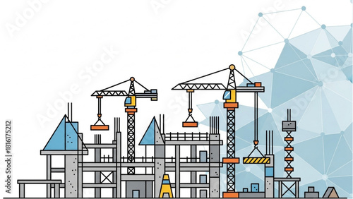 Construction Site Illustration Cranes, Buildings, and Infrastructure in Progress