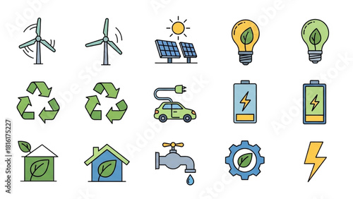 Set of colorful line icons representing green energy and eco-friendly concepts