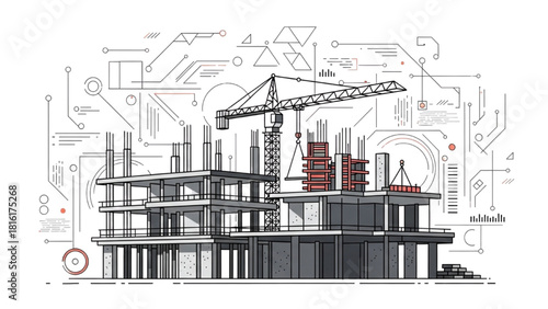 Futuristic architectural project showing a building under construction with a digital technology interface