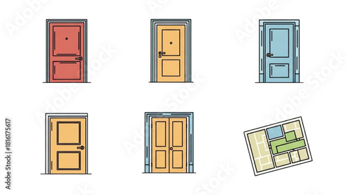 A diverse collection of illustrated doors and a floor plan representing architectural choices