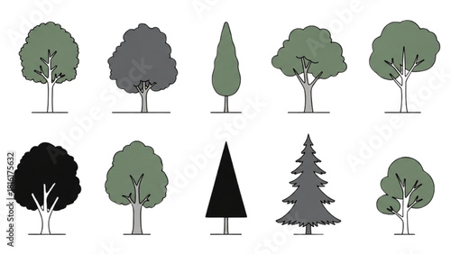 Collection of Various Styles and Shapes of Trees