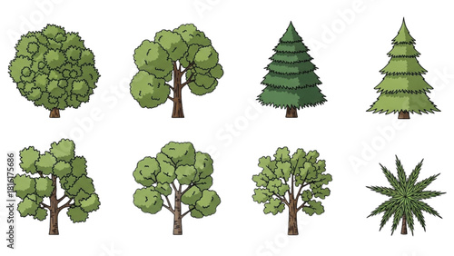 A diverse collection of stylized green tree illustrations, including deciduous and coniferous types