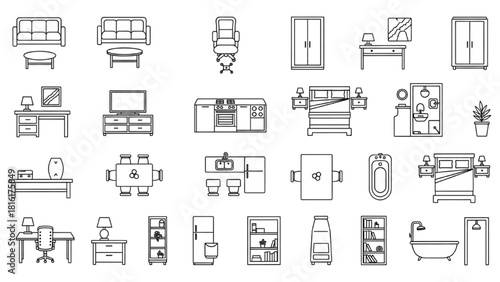Detailed set of house furniture and household items outlines for architectural plans and interior concepts