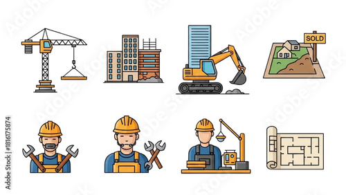Construction Site and Workers Icons A Collection of Building Industry Elements