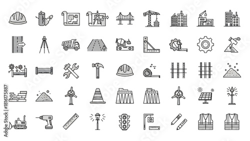 Vector icon collection for the construction, architecture, and engineering industry