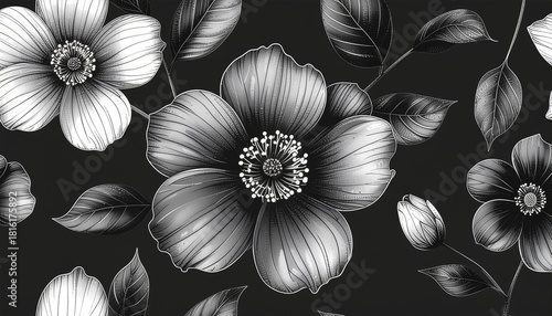 A beautifully detailed grayscale floral seamless pattern. Vintage-inspired botanical art with elegant flowers and leaves on a black backdrop