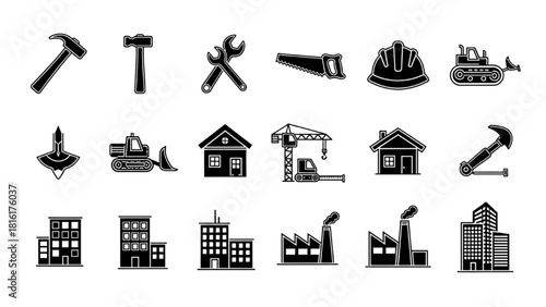 Construction Icons Building, Tools, and Machinery Set for Design