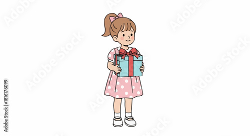 Young girl holding a wrapped gift box with a red ribbon smiling.