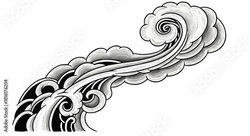 Monochrome Wave Illustration with Swirls and Dynamic Flow.