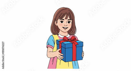 A happy young girl holding a blue gift box with a red ribbon.